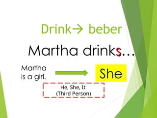 Drink beber
Martha drinks
s…
Martha
is a girl. She
He, She, It
(Third Person)
 