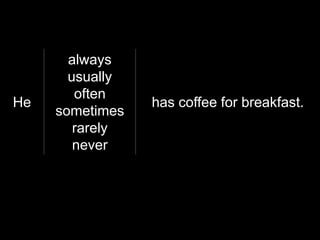 always
       usually
        often
He               has coffee for breakfast.
     sometimes
        rarely
        never
 