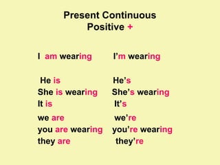 Present Continuous 
Positive + 
I am wearing I’m wearing 
He is He’s 
She is wearing She’s wearing 
It is It’s 
we are we’re 
you are wearing you’re wearing 
they are they’re 
 