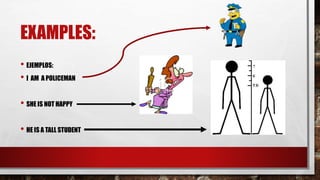 EXAMPLES:
• EJEMPLOS:
• I AM A POLICEMAN
• SHE IS NOT HAPPY
• HE IS A TALL STUDENT
 