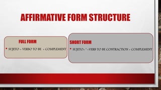AFFIRMATIVE FORM STRUCTURE
FULL FORM
• SUJETO + VERBO TO BE + COMPLEMENT
SHORT FORM
• SUJETO+ ‘ +VERB TO BE CONTRACTION + COMPLEMENT
 