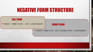 NEGATIVE FORM STRUCTURE
FULL FORM
• SUJETO + VERBO TO BE + NOT + COMPLEMENT SHORT FORM
• SUJETO+ VERB TO BE + NOT CONTRACTION + COMPLEMENT
 