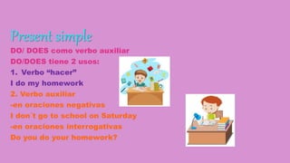 Present simple
DO/ DOES como verbo auxiliar
DO/DOES tiene 2 usos:
1. Verbo “hacer”
I do my homework
2. Verbo auxiliar
-en oraciones negativas
I don´t go to school on Saturday
-en oraciones interrogativas
Do you do your homework?
 
