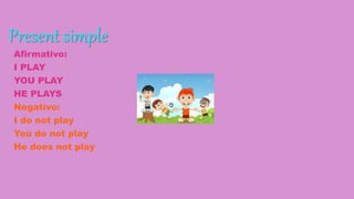 Present simple
Afirmativo:
I PLAY
YOU PLAY
HE PLAYS
Negativo:
I do not play
You do not play
He does not play