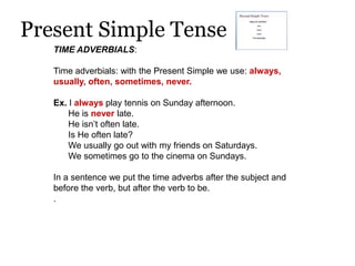 Present Simple Tense
   TIME ADVERBIALS:

   Time adverbials: with the Present Simple we use: always,
   usually, often, sometimes, never.

   Ex. I always play tennis on Sunday afternoon.
       He is never late.
       He isn’t often late.
       Is He often late?
       We usually go out with my friends on Saturdays.
       We sometimes go to the cinema on Sundays.

   In a sentence we put the time adverbs after the subject and
   before the verb, but after the verb to be.
   .
 