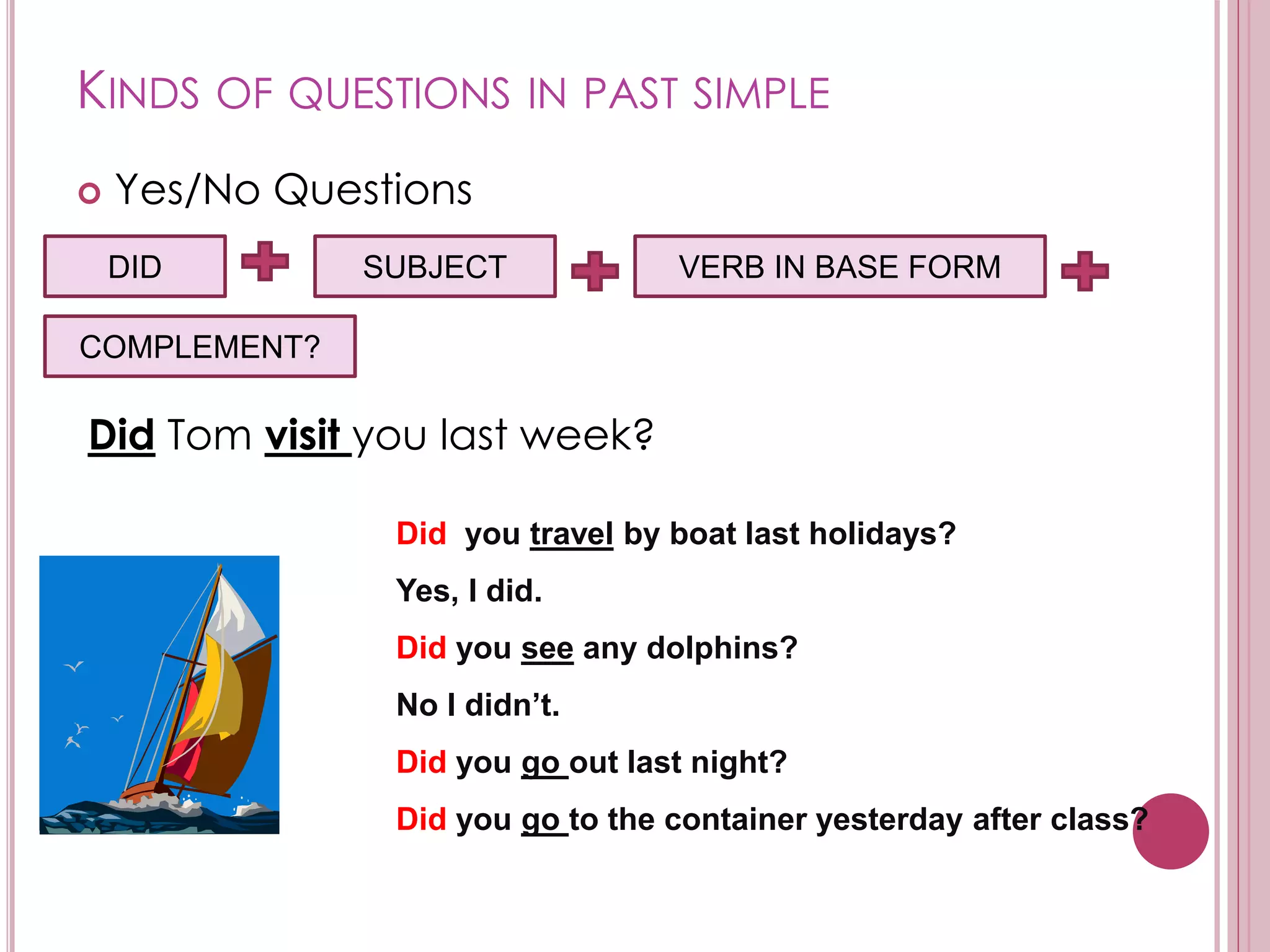 KINDS OF QUESTIONS IN PAST SIMPLE 
 Yes/No Questions 
DID SUBJECT VERB IN BASE FORM 
COMPLEMENT? 
Did Tom visit you last week? 
Did you travel by boat last holidays? 
Yes, I did. 
Did you see any dolphins? 
No I didn’t. 
Did you go out last night? 
Did you go to the container yesterday after class? 
 