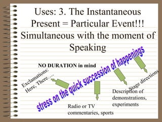 Uses: 3. The Instantaneous
Present = Particular Event!!!
Simultaneous with the moment of
Speaking
NO DURATION in mind
Radio or TV
commentaries, sports
Description of
demonstrations,
experiments
Stage directions
Exclamations:
Here, There…
.
 
