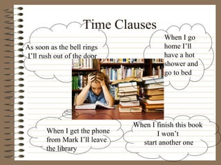 Time Clauses
When I go
home I’ll
have a hot
shower and
go to bed
As soon as the bell rings
I’ll rush out of the door
When I get the phone
from Mark I’ll leave
the library
When I finish this book
I won’t
start another one
 