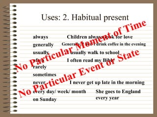 Uses: 2. Habitual present
always
generally
usually
often
rarely
sometimes
never
every day/ week/ month
on Sunday
Children always look for love
Generally, I don’t drink coffee in the evening
I usually walk to school
I often read my Bible
I never get up late in the morning
She goes to England
every yearNo Particular Event or State
No Particular Moment of Time
 