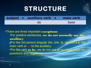 STRUCTURE
subject +



auxiliary verb +
do


main verb
base

•There are three importantexceptions:
•For positive sentences,we do not normally use the
auxiliary.
•For the 3rd person singular (he, she, it), we addsto the
main verb oresto the auxiliary.
•For the verbto be, we do not use an auxiliary, even for
questions and negatives.

 