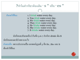 ?ทาไมคากริยาต้องเติม " s " หรือ " es "
สังเกตให้ดีนะ 1. I drink water every day.
2. You drink water every day.
3. We drink water every day.
4. They drink water every day.
5. He drinks water every day.
6. She drinks water every day.
7. It drinks water every day.
นักเรียนจะสังเกตเห็นว่าในข้อ 5-6-7 คากริยา drink เติม s
นักเรียนลองเดาซิว่าเพราะอะไร
คาตอบคือ เพราะประธานเป็น เอกพจน์บุรุษที่ 3 คือ He , She และ It
ต้องจาให้ดีนะ
 