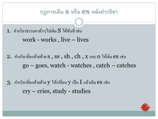 กฎการเติม s หรือ es หลังคากริยา
1. คากริยาธรรมดาทั่วๆไปเติม S ได้ทันที เช่น
work - works , live – lives
2. คากริยาที่ลงท้ายด้วย s , ss , sh , ch , x และ o ให้เติม es เช่น
go – goes, watch - watches , catch – catches
3. คากริยาที่ลงท้ายด้วย y ให้เปลี่ยน y เป็น I แล้วเติม es เช่น
cry – cries, study - studies
 