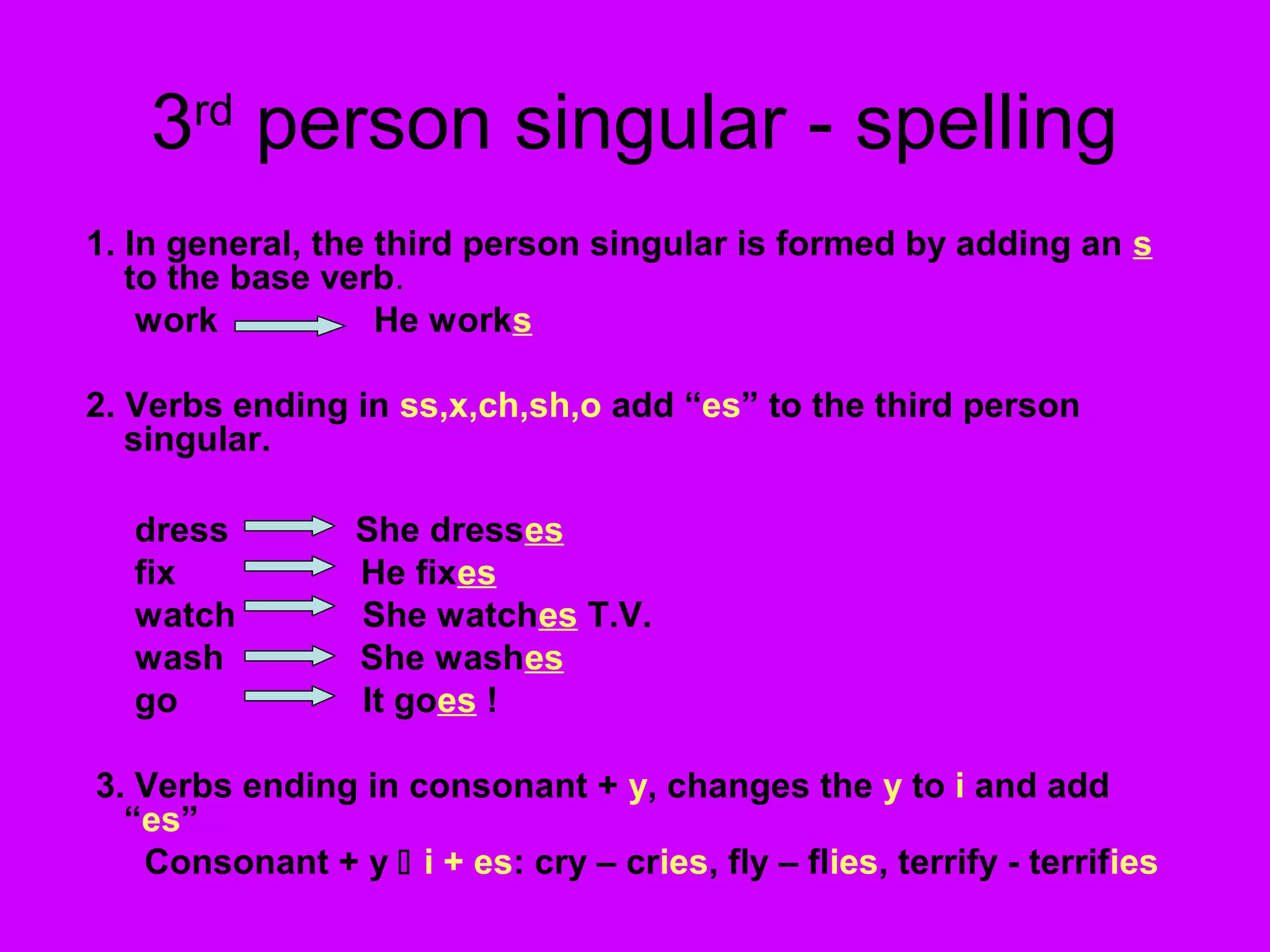 3rd
person singular - spelling
1. In general, the third person singular is formed by adding an s
to the base verb.
work He works
2. Verbs ending in ss,x,ch,sh,o add “es” to the third person
singular.
dress She dresses
fix He fixes
watch She watches T.V.
wash She washes
go It goes !
3. Verbs ending in consonant + y, changes the y to i and add
“es”
Consonant + y  i + es: cry – cries, fly – flies, terrify - terrifies
 