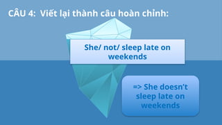 .
She/ not/ sleep late on
weekends
=> She doesn’t
sleep late on
weekends
CÂU 4: Viết lại thành câu hoàn chỉnh:
 