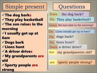 Simple present Questions
Does
Do
Does
Do
Do
Are
are
the dog bark?
They play basketball?
the sun raise in the morning?
I/you usually get up at 6am?
dogs bark?
my grandparents old?
sporty people strong?
The dog barks
They play basketball
The sun raises in the
morning
I usually get up at
6am
Dogs bark
Lions hunt
A driver drives
My grandparents are
old
Sporty people are
strong
Do lions hunt?
Does a driver drive?
 