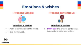 Emotions & wishes
Present Simple Present continuous
Emotions & wishes Emotions & wishes
● I want to travel around the world.
● I love my new job.
● Don’t use the present continuous
to describe emotions or wishes.
 