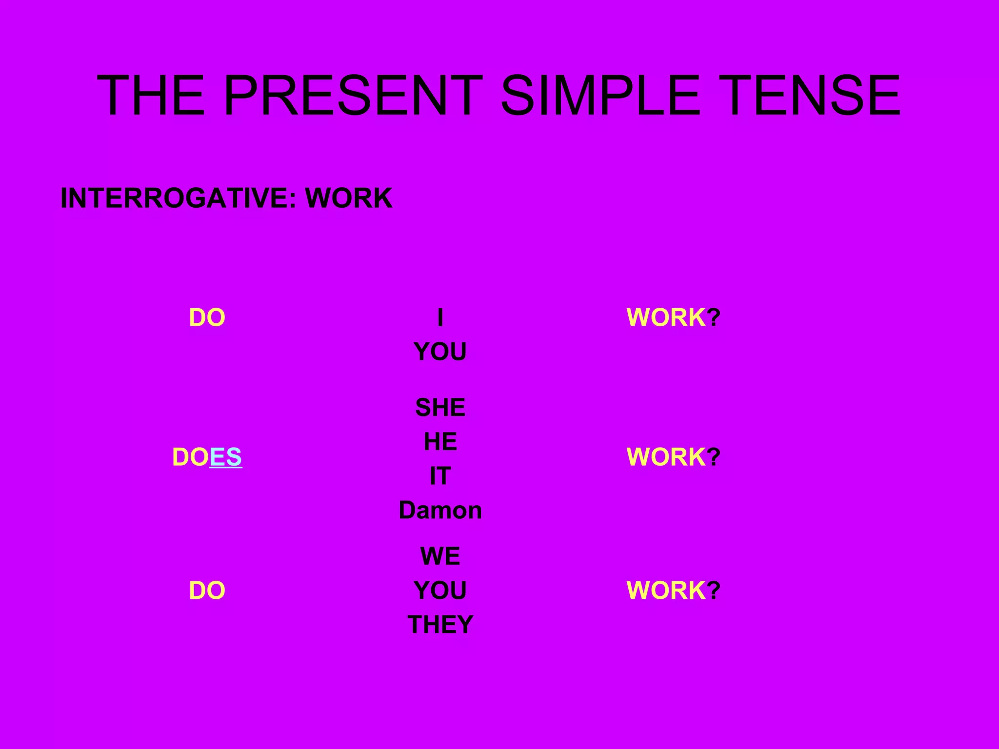THE PRESENT SIMPLE TENSE 
INTERROGATIVE: WORK 
DO I 
YOU 
WORK? 
DOES 
SHE 
HE 
IT 
Damon 
WORK? 
DO 
WE 
YOU 
THEY 
WORK? 
 