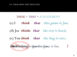 4-8 THINK ABOUT AND THINK THAT




        THINK + THAT + A STATEMENT
(c) I      think        that this game is fun.

(d) Joe thinks that the test is hard.

(e) You think          that the bug is cute.

think that thethat the game is fun.
 am thinking game is fun.
 II                                            ?
                                                   25
 