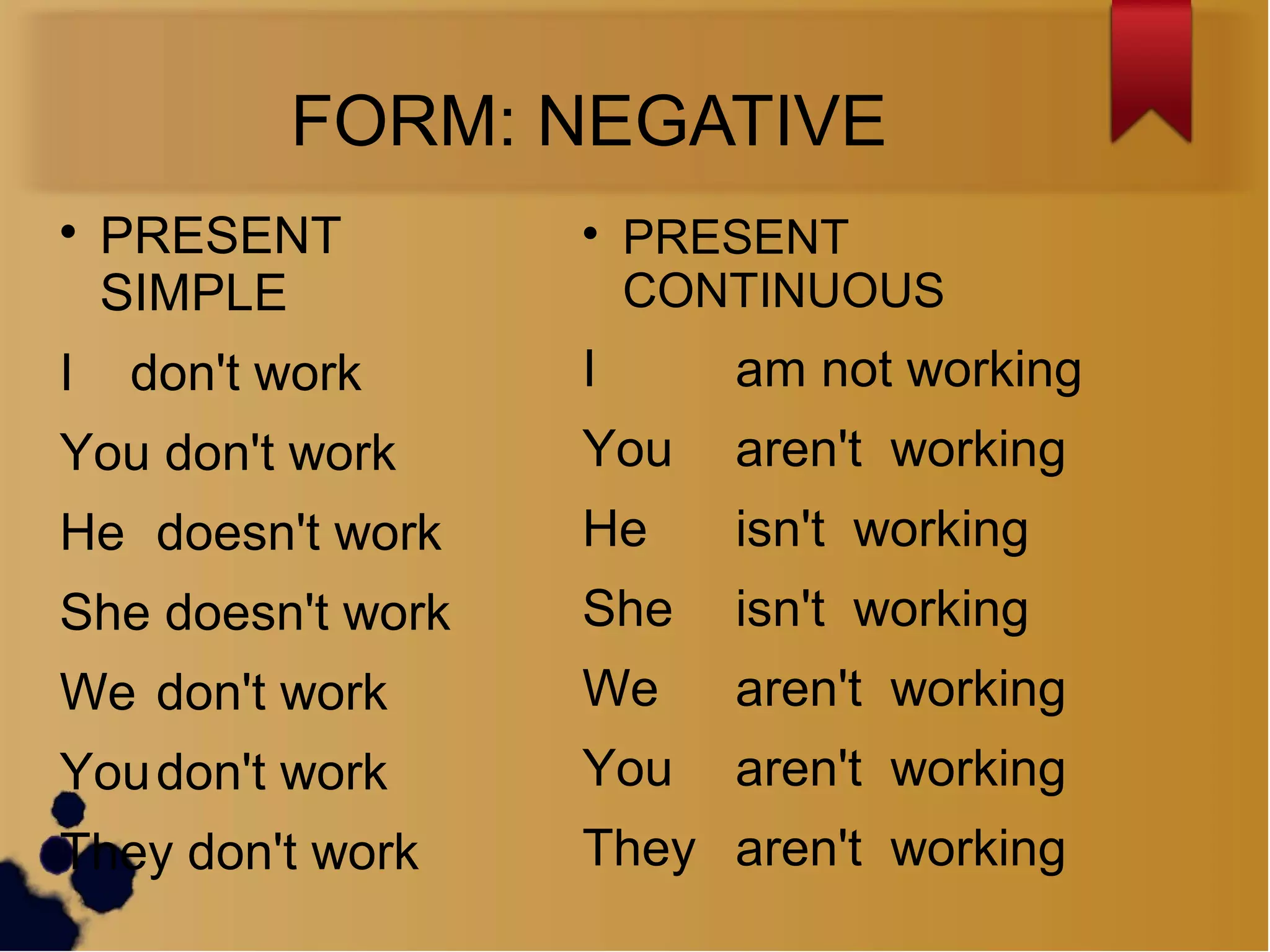 FORM: NEGATIVE

PRESENT
SIMPLE
I don't work
You don't work
He doesn't work
She doesn't work
We don't work
Youdon't work
They don't work

PRESENT
CONTINUOUS
I am not working
You aren't working
He isn't working
She isn't working
We aren't working
You aren't working
They aren't working
 