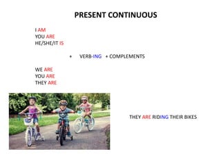 I AM
YOU ARE
HE/SHE/IT IS
+ VERB-ING + COMPLEMENTS
WE ARE
YOU ARE
THEY ARE
THEY ARE RIDING THEIR BIKES
PRESENT CONTINUOUS