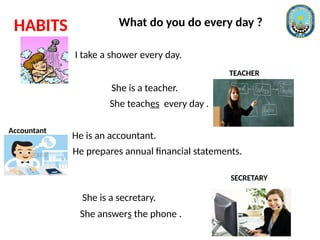 What do you do every day ?
I take a shower every day.
She teaches every day .
He prepares annual financial statements.
Accountant
TEACHER
HABITS
She answers the phone .
She is a teacher.
He is an accountant.
She is a secretary.
SECRETARY
 