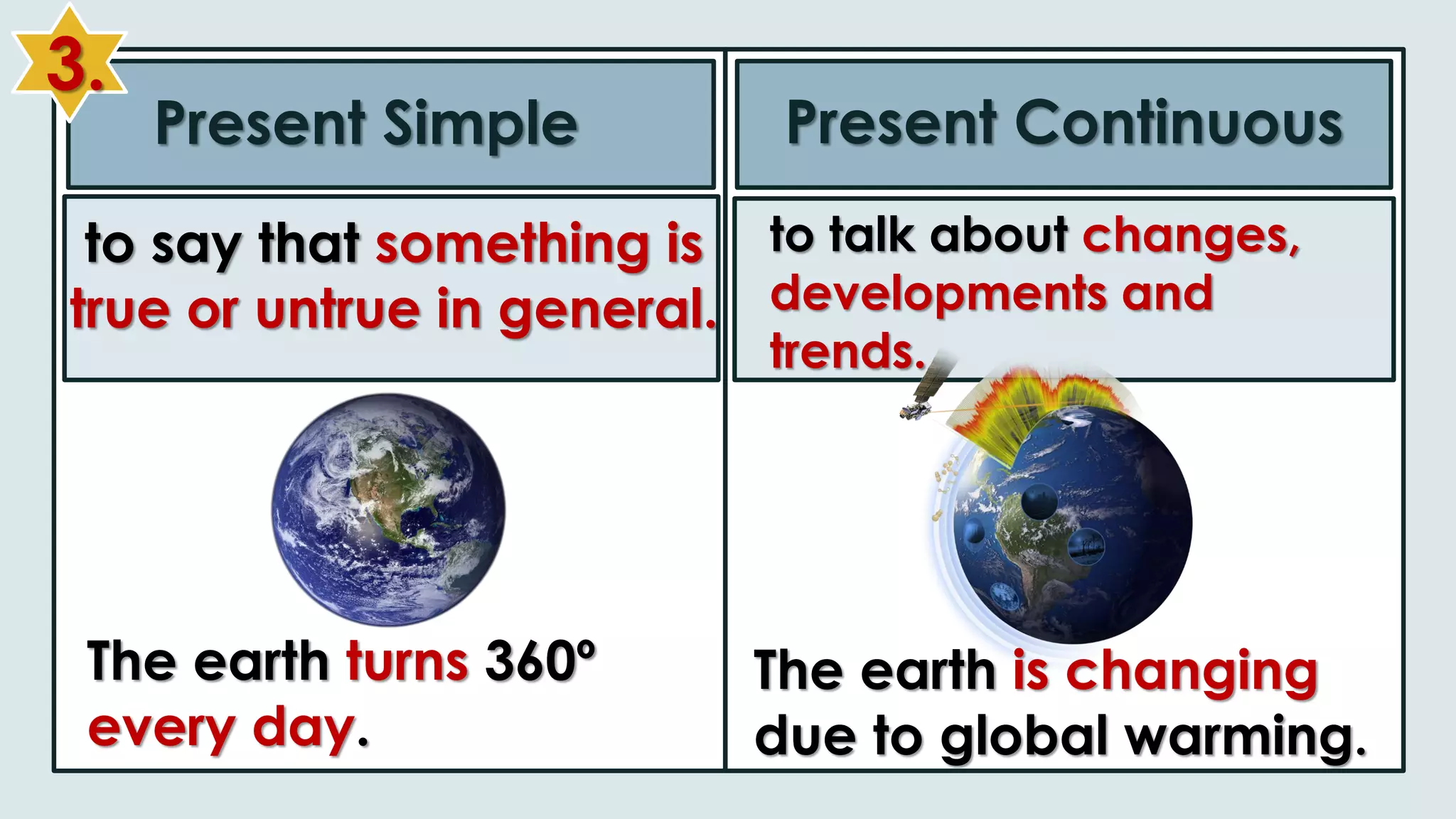 to say that something is
true or untrue in general.
3.
Present Simple Present Continuous
to talk about changes,
developments and
trends.
The earth turns 360º
every day.
The earth is changing
due to global warming.
 