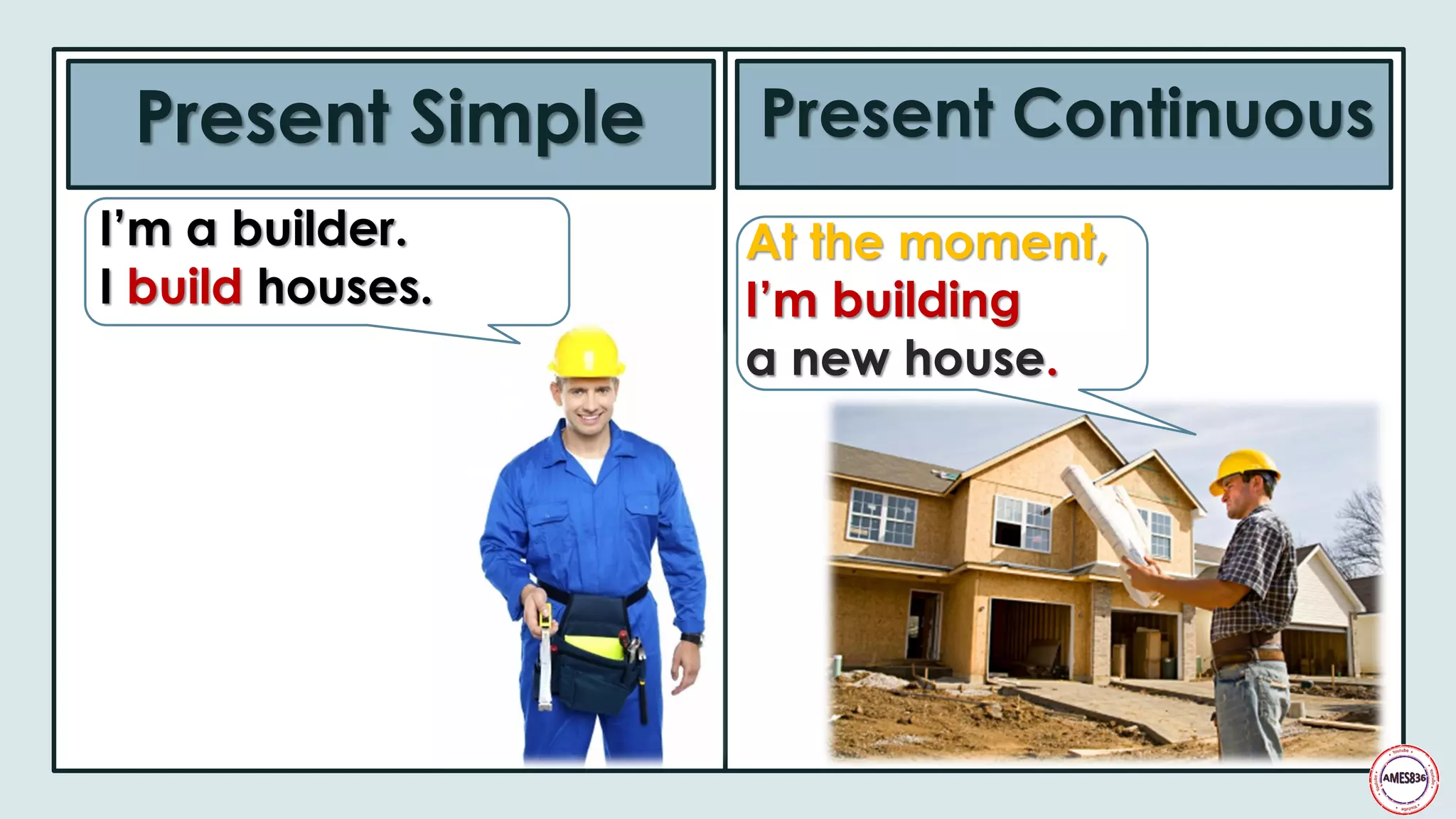 Present Simple Present Continuous
At the moment,
I’m building
a new house.
I’m a builder.
I build houses.
 