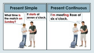 Present Simple Present Continuous
I’m meeting Rose at
six o’clock.
What time is
the match on
Sunday?
It starts at
seven o’clock.
 