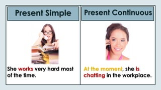 Present Simple Present Continuous
She works very hard most
of the time.
At the moment, she is
chatting in the workplace.
 