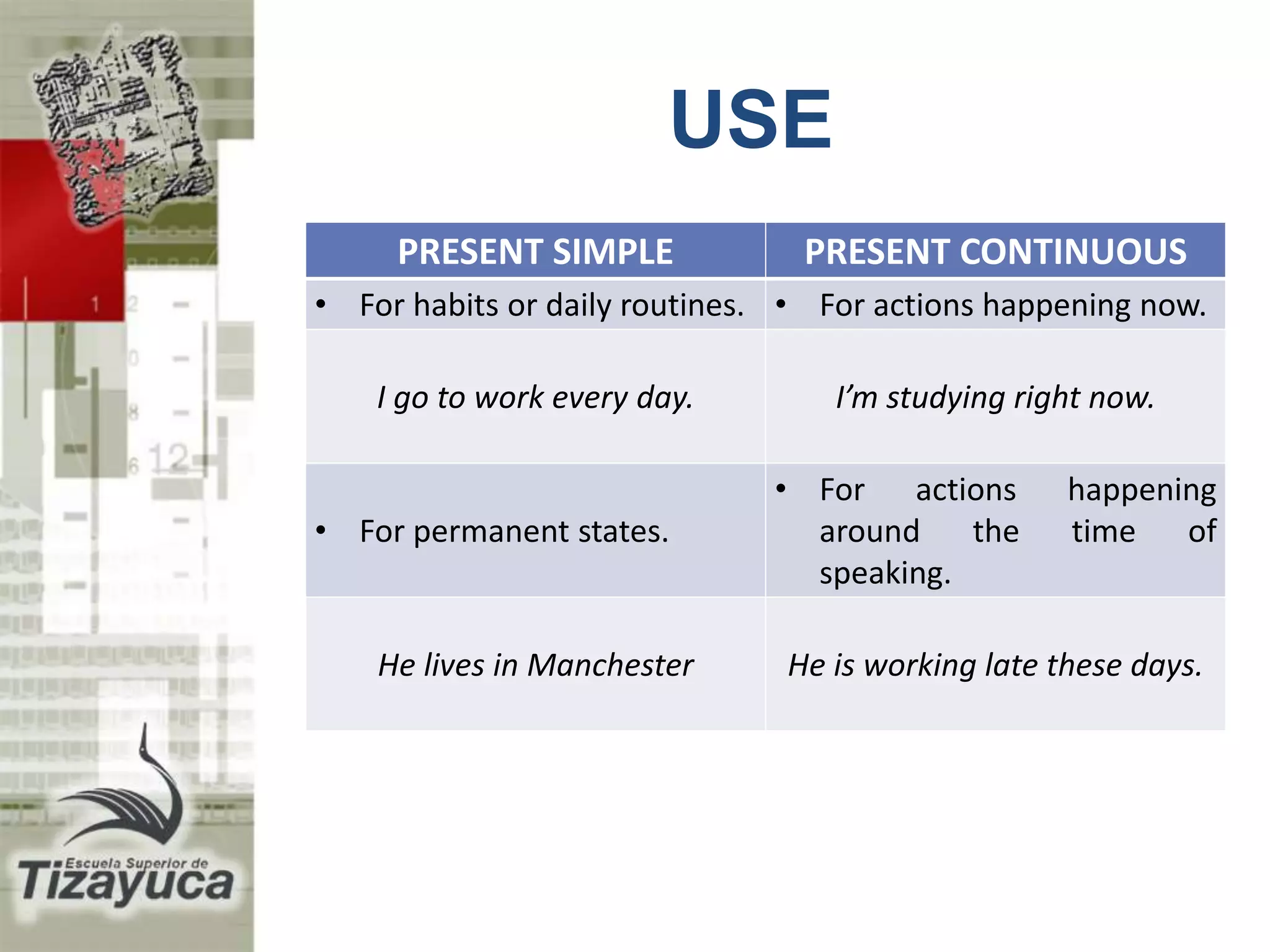 USE
PRESENT SIMPLE PRESENT CONTINUOUS
• For habits or daily routines. • For actions happening now.
I go to work every day. I’m studying right now.
• For permanent states.
• For actions happening
around the time of
speaking.
He lives in Manchester He is working late these days.
 