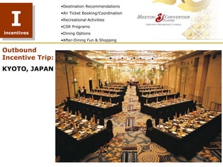 •Destination Recommendations



  I
                  •Air Ticket Booking/Coordination
                  •Recreational Activities
                  •CSR Programs
incentives        •Dining Options
                  •After-Dining Fun & Shopping

Outbound
Incentive Trip:
KYOTO, JAPAN
 