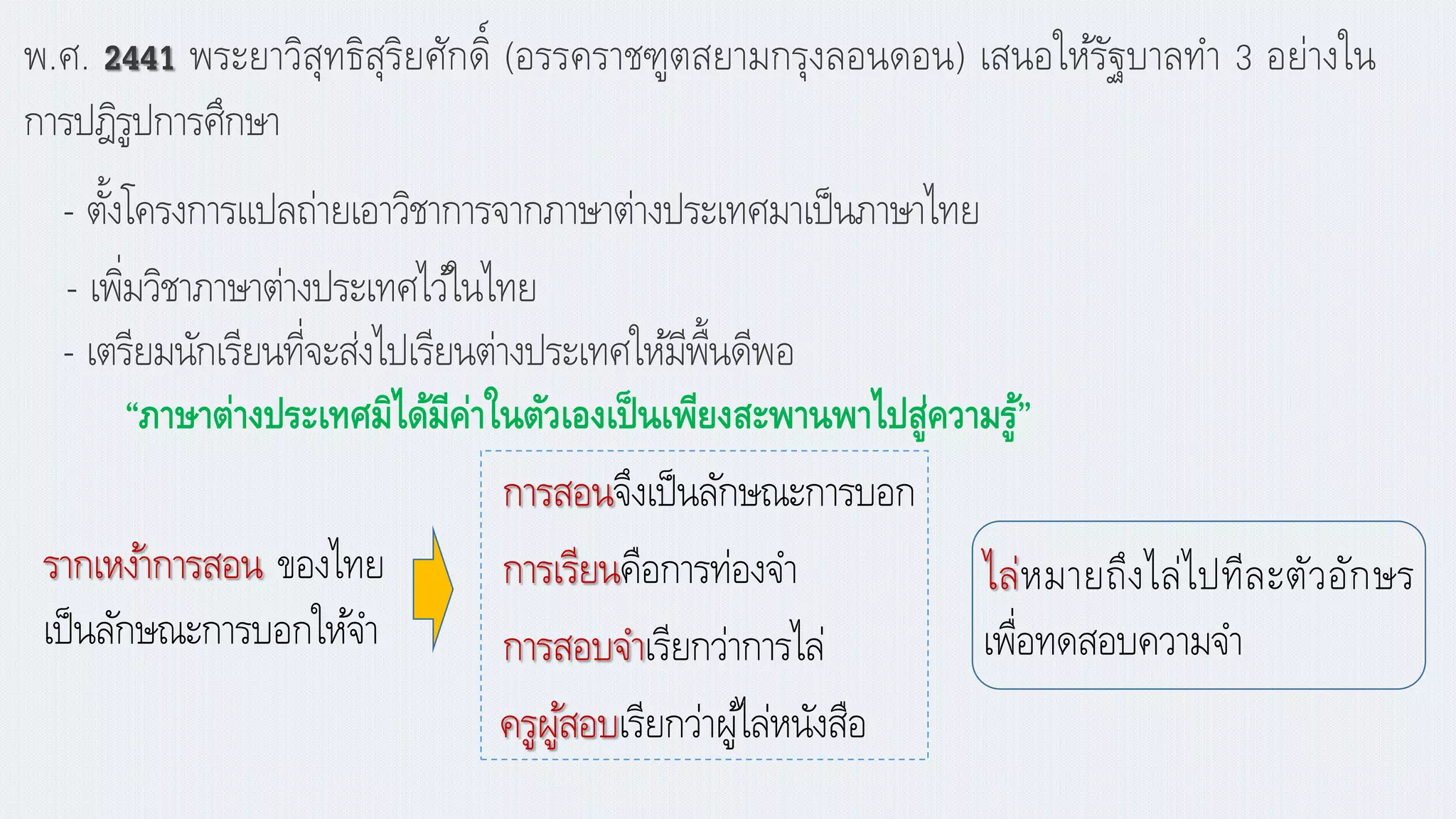 พ.ศ. 2441 พระยาวิสุทธิสุริยศักดิ์ (อรรคราชฑูตสยามกรุงลอนดอน) เสนอให้รัฐบาลทา 3 อย่างใน
การปฎิรูปการศึกษา
- ตั้งโครงการแปลถ่ายเอาวิชาการจากภาษาต่างประเทศมาเป็นภาษาไทย
- เพิ่มวิชาภาษาต่างประเทศไว้ในไทย
- เตรียมนักเรียนที่จะส่งไปเรียนต่างประเทศให้มีพื้นดีพอ
“ภาาาต่างประเทศมิได้มีค่าในตัวเองเป็นเพียงสะพานพาไปสู่ความรู้”
การสอนจึงเป็นลักษณะการบอก
การเรียนคือการท่องจา
การสอบจาเรียกว่าการไล่
ครูผู้สอบเรียกว่าผู้ไล่หนังสือ
ไล่หมายถึงไล่ไปทีละตัวอักษร
เพื่อทดสอบความจา
รากเหง้าการสอน ของไทย
เป็นลักษณะการบอกให้จา
 
