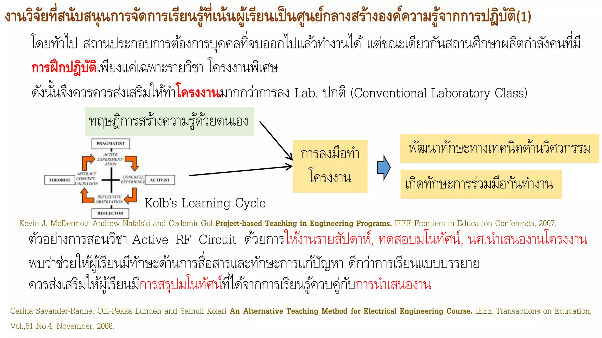 งานวิจัยที่สนับสนุนการจัดการเรียนรู้ที่เน้นผู้เรียนเป็นศูนย์กลางสร้างองค์ความรู้จากการปฎิบัติ(1)
โดยทั่วไป สถานประกอบการต้องการบุคคลที่จบออกไปแล้วทางานได้ แต่ขณะเดียวกันสถานศึกษาผลิตกาลังคนที่มี
การฝึกปฎิบัติเพียงแค่เฉพาะรายวิชา โครงงานพิเศษ
ดังนั้นจึงควรควรส่งเสริมให้ทาโครงงานมากกว่าการลง Lab. ปกติ (Conventional Laboratory Class)
Kevin J. McDermott Andrew Nafalski and Ozdemir Gol Project-based Teaching in Engineering Programs. IEEE Frontiers in Education Conferenca, 2007.
Carina Savander-Ranne, Olli-Pekka Lunden and Samuli Kolari An Alternative Teaching Method for Electrical Engineering Course. IEEE Transactions on Education,
Vol.,51 No.4, November, 2008.
ตัวอย่างการสอนวิชา Active RF Circuit ด้วยการให้งานรายสัปดาห์, ทดสอบมโนทัศน์, นศ.นาเสนองานโครงงาน
พบว่าช่วยให้ผู้เรียนมีทักษะด้านการสื่อสารและทักษะการแก้ปัญหา ดีกว่าการเรียนแบบบรรยาย
ควรส่งเสริมให้ผู้เรียนมีการสรุปมโนทัศน์ที่ได้จากการเรียนรู้ควบคู่กับการนาเสนองาน
การลงมือทา
โครงงาน
Kolb’s Learning Cycle
ทฤษฎีการสร้างความรู้ด้วยตนเอง
พัฒนาทักษะทางเทคนิคด้านวิศวกรรม
เกิดทักษะการร่วมมือกันทางาน
 
