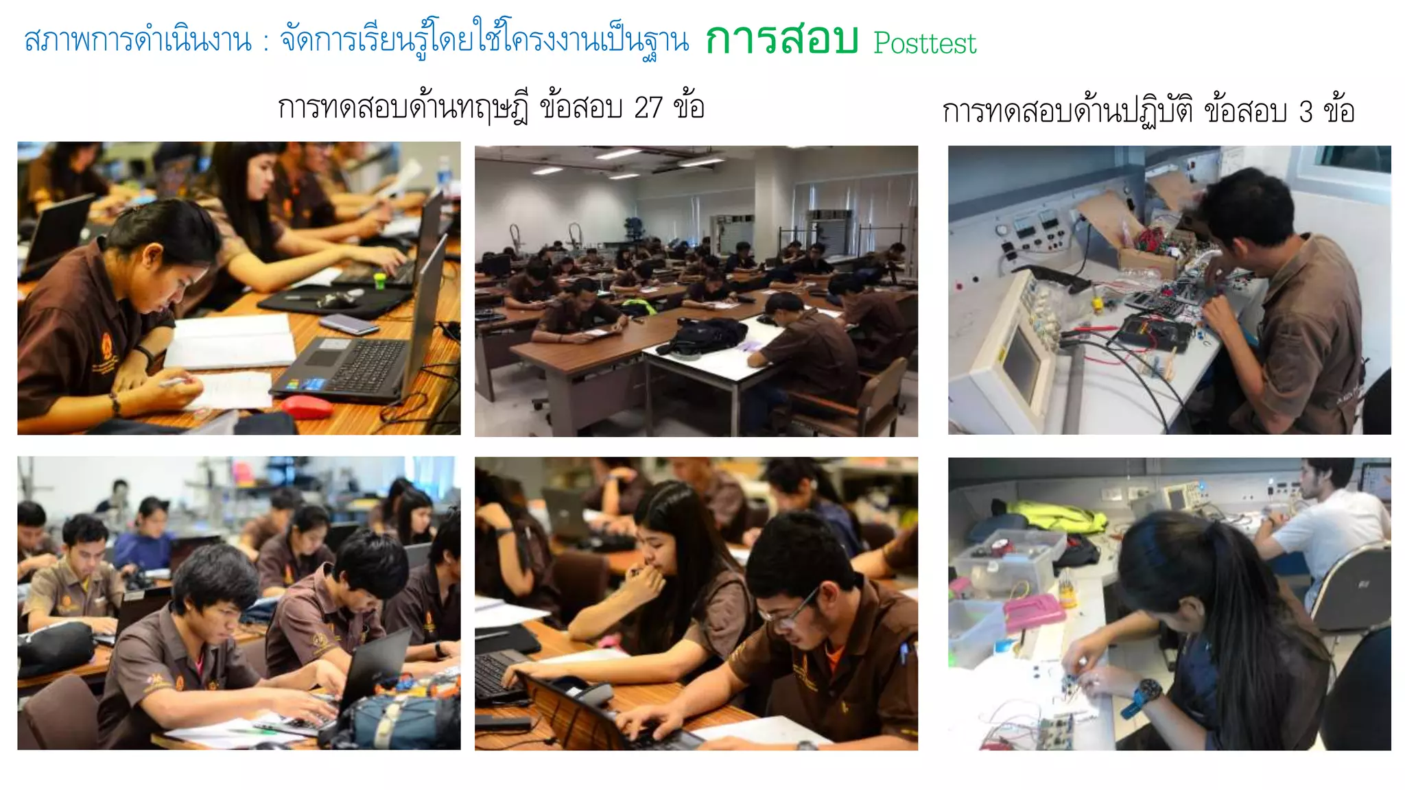สภาพการดาเนินงาน : จัดการเรียนรู้โดยใช้โครงงานเป็นฐาน การสอบ Posttest
การทดสอบด้านทฤษฎี ข้อสอบ 27 ข้อ การทดสอบด้านปฏิบัติ ข้อสอบ 3 ข้อ
 