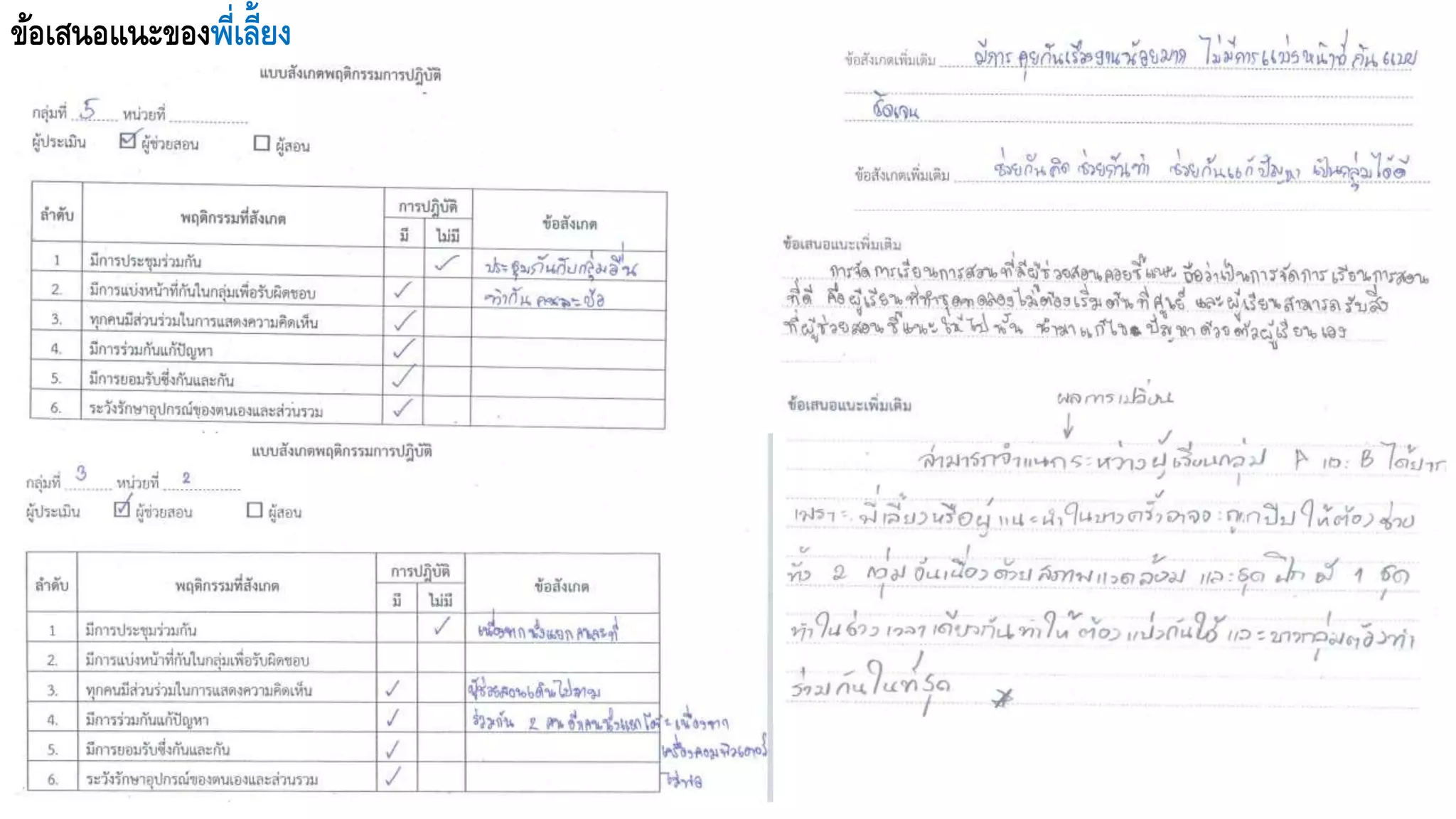 ข้อเสนอแนะของพี่เลี้ยง
 