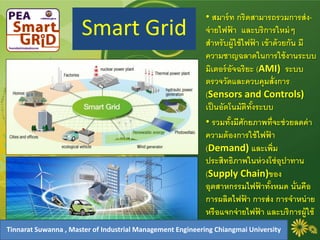 Smart Grid
• สมาร์ท กริดสามารถรวมการส่ง-
จ่ายไฟฟ้ า และบริการใหม่ๆ
สาหรับผู้ใช้ไฟฟ้ า เข้าด้วยกัน มี
ความชาญฉลาดในการใช้งานระบบ
มิเตอร์อัจฉริยะ (AMI) ระบบ
ตรวจวัดและควบคุมสั่งการ
(Sensors and Controls)
เป็นอัตโนมัติทั้งระบบ
• รวมทั้งมีศักยภาพที่จะช่วยลดค่า
ความต้องการใช้ไฟฟ้ า
(Demand) และเพิ่ม
ประสิทธิภาพในห่วงโซ่อุปาทาน
(Supply Chain)ของ
อุตสาหกรรมไฟฟ้ าทั้งหมด นั่นคือ
การผลิตไฟฟ้ า การส่ง การจาหน่าย
หรือแจกจ่ายไฟฟ้ า และบริการผู้ใช้
ไฟฟ้ าTinnarat Suwanna , Master of Industrial Management Engineering Chiangmai University
 