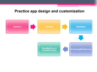 Practice app design and customization



HelloPurr         PaintPot            MoleMash




               ParisMapTour or
                                 NoTextingWhileDriving
               Presidents Quiz
 