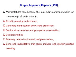 Simple Sequence Repeats (SSR)
 Microsatellites have become the molecular markers of choice for
a wide range of applications in
 Genetic mapping and genome,
 Genotype identification and variety protection,
 Seed purity evaluation and germplasm conservation,
 Diversity studies,
 Paternity determination and pedigree analysis,
 Gene and quantitative trait locus analysis, and marker-assisted
breeding.
 