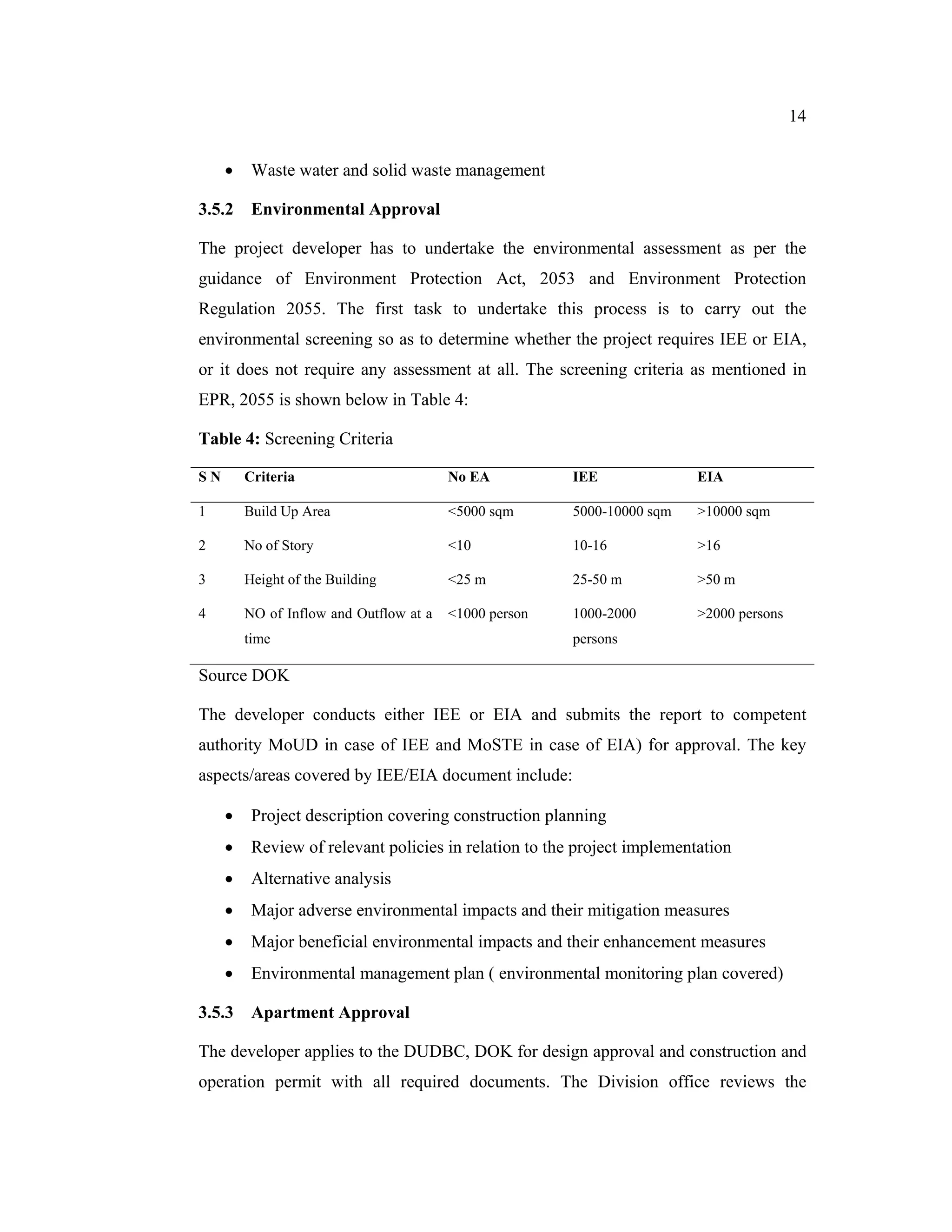 14


         Waste water and solid waste management

3.5.2 Environmental Approval

The project developer has to undertake the environmental assessment as per the
guidance of Environment Protection Act, 2053 and Environment Protection
Regulation 2055. The first task to undertake this process is to carry out the
environmental screening so as to determine whether the project requires IEE or EIA,
or it does not require any assessment at all. The screening criteria as mentioned in
EPR, 2055 is shown below in Table 4:

Table 4: Screening Criteria

SN       Criteria                        No EA          IEE               EIA

1        Build Up Area                   <5000 sqm      5000-10000 sqm    >10000 sqm

2        No of Story                     <10            10-16             >16

3        Height of the Building          <25 m          25-50 m           >50 m

4        NO of Inflow and Outflow at a   <1000 person   1000-2000         >2000 persons
         time                                           persons

Source DOK

The developer conducts either IEE or EIA and submits the report to competent
authority MoUD in case of IEE and MoSTE in case of EIA) for approval. The key
aspects/areas covered by IEE/EIA document include:

         Project description covering construction planning
         Review of relevant policies in relation to the project implementation
         Alternative analysis
         Major adverse environmental impacts and their mitigation measures
         Major beneficial environmental impacts and their enhancement measures
         Environmental management plan ( environmental monitoring plan covered)

3.5.3 Apartment Approval

The developer applies to the DUDBC, DOK for design approval and construction and
operation permit with all required documents. The Division office reviews the
 