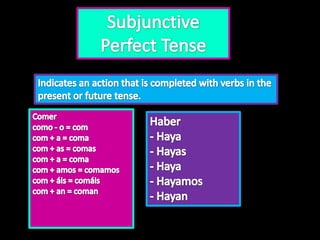 Subjunctive Perfect Tense Indicates an action that is completed with verbs in the present or future tense.  Comer como - o = comcom + a = comacom + as = comascom + a = comacom + amos = comamoscom + áis = comáiscom + an = coman Haber  - Haya - Hayas - Haya - Hayamos - Hayan 
