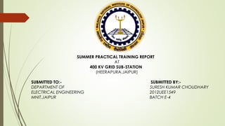 SUMMER PRACTICAL TRAINING REPORT
AT
400 KV GRID SUB-STATION
(HEERAPURA.JAIPUR)
SUBMITTED TO:- SUBMITTED BY:-
DEPARTMENT OF SURESH KUMAR CHOUDHARY
ELECTRICAL ENGINEERING 2012UEE1549
MNIT,JAIPUR BATCH E-4
 