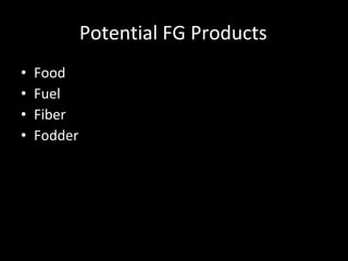 Potential FG Products Food Fuel Fiber Fodder 