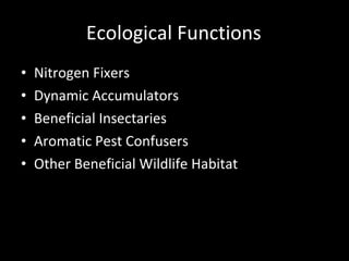 Ecological Functions Nitrogen Fixers Dynamic Accumulators Beneficial Insectaries Aromatic Pest Confusers Other Beneficial Wildlife Habitat Microclimate Contributors 