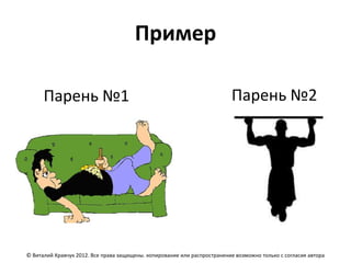 Пример

      Парень №1                                                            Парень №2




© Виталий Кравчук 2012. Все права защищены. копирование или распространение возможно только с согласия автора
 