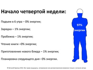 Начало четвертой недели:
Подъем в 6 утра – 0% энергии;
                                                                                                    97%
Зарядка – 1% энергии;                                                                           энергии

Пробежка – 1% энергии;

Чтение книги –0% энергии;

Приготовление нового блюда – 1% энергии;

Планировка следующего дня– 0% энергии.

    © Виталий Кравчук 2012. Все права защищены. копирование или распространение возможно только с согласия автора
 