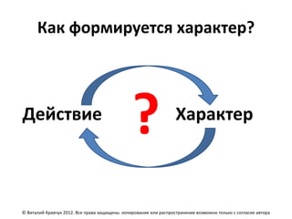 Как формируется характер?



Действие
                                                ?                  Характер



© Виталий Кравчук 2012. Все права защищены. копирование или распространение возможно только с согласия автора
 