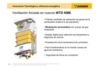 Innovación Tecnológica y eficiencia energética


     Ventilación forzada en nuevos WTD KME.
                                                                            • Potente ventilador de extracción de gases de la
                                                                            combustión (hasta 8 m de expulsión).

                                                                            • Modulación termostática con cuerpo de gas
                                                                            modulante.

                                                                            • Display digital para selección de temperatura y
                                                                            diagnosis de averías.

                                                                            • Preselección de la temperatura de suministro.

                                                                            • Fácil mantenimiento al no montar cuerpo de
                                                                            agua de membrana.

                                                                            • Seguridad de llama por ionización.


     ZVW2, 22.12.00© BBT Thermotechnik GmbH reserves all rights even in the event of industrial property rights.
46   We reserve all rights of disposal such as copying and passing on to third parties.
 