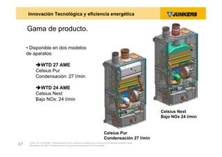 Innovación Tecnológica y eficiencia energética


     Gama de producto.

     • Disponible en dos modelos
     de aparatos:

            WTD 27 AME
            Celsius Pur
            Condensación: 27 l/min

            WTD 24 AME
            Celsius Next
            Bajo NOx: 24 l/min

                                                                                                                    Celsius Next
                                                                                                                    Bajo NOx 24 l/min


                                                                                   Celsius Pur
                                                                                   Condensación 27 l/min
      ZVW2, 22.12.00© BBT Thermotechnik GmbH reserves all rights even in the event of industrial property rights.
47    We reserve all rights of disposal such as copying and passing on to third parties.
 