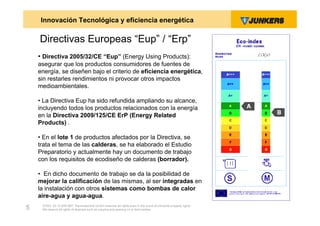 Innovación Tecnológica y eficiencia energética

    Directivas Europeas “Eup” / “Erp”
    • Directiva 2005/32/CE “Eup” (Energy Using Products):
    asegurar que los productos consumidores de fuentes de
    energía, se diseñen bajo el criterio de eficiencia energética,
    sin restarles rendimientos ni provocar otros impactos
    medioambientales.

    • La Directiva Eup ha sido refundida ampliando su alcance,
    incluyendo todos los productos relacionados con la energía
    en la Directiva 2009/125/CE ErP (Energy Related
    Products) .

    • En el lote 1 de productos afectados por la Directiva, se
    trata el tema de las calderas, se ha elaborado el Estudio
    Preparatorio y actualmente hay un documento de trabajo
    con los requisitos de ecodiseño de calderas (borrador).

    • En dicho documento de trabajo se da la posibilidad de
    mejorar la calificación de las mismas, al ser integradas en
    la instalación con otros sistemas como bombas de calor
    aire-agua y agua-agua.
     ZVW2, 22.12.00© BBT Thermotechnik GmbH reserves all rights even in the event of industrial property rights.
5    We reserve all rights of disposal such as copying and passing on to third parties.
 