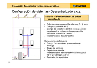 Innovación Tecnológica y eficiencia energética

     Configuración de sistemas- Descentralizado a.c.s.
                                        Sistema 3 –Intercambiador de placas
                                           centralizado

                                    •    Solución para casa multifamiliar con 3 - X pisos
                                    •    Con producción de ACS
                                    •    Campo de colectores central con depósito de
                                         inercia central y sistema de apoyo auxiliar
                                         individual provisto de caldera.
                                    •    Intercambiador de calor central

                                    Componentes del sistema
                                    • Campo de captadores y accesorios de
                                      montaje
                                    • Grupo de bombeo
                                    • Depósito de inercia
                                    • Intercambiador de calor centralizado(Logalux
                                         FS40 o FS 80(con control)
                                    •    Centralita de regulación

67
 